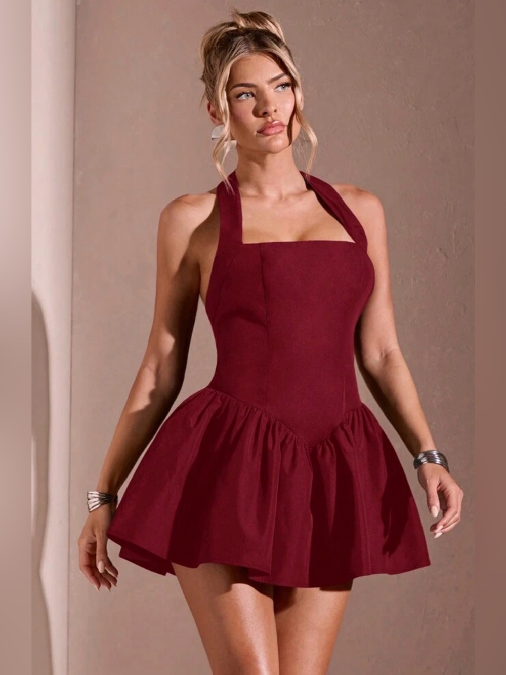 SHEIN Burgundy Halter Square-Neck Mini Dress